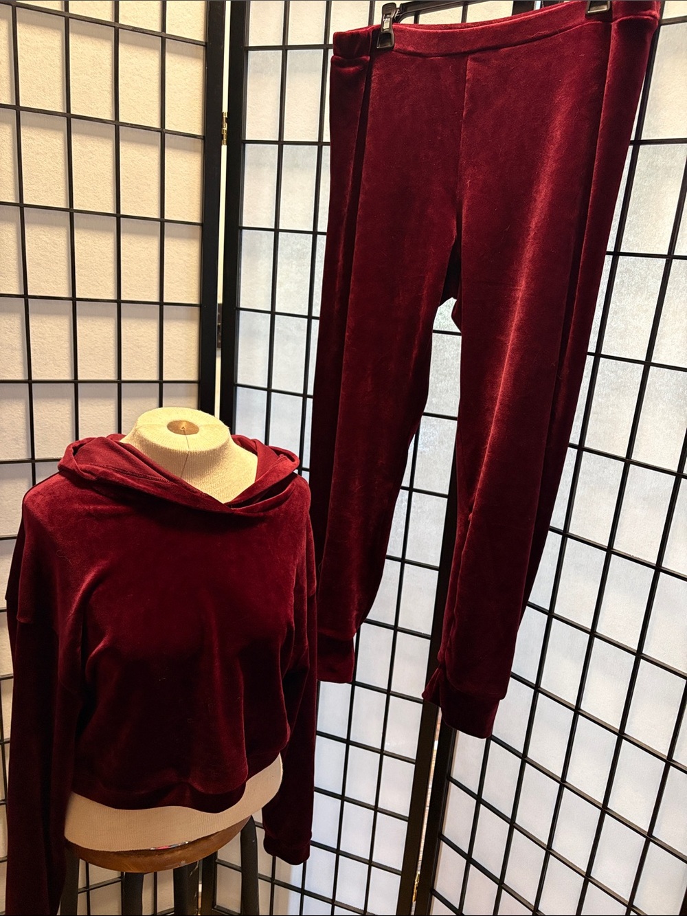 Fashion Nova Burgundy Velvet Jogger Set - Deep Red Track Pants & Hoodie